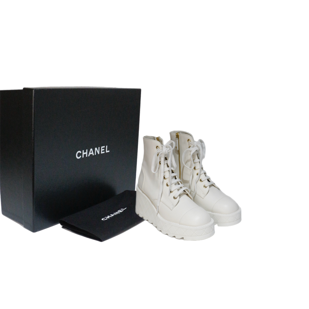 Chanel White Leather Boots